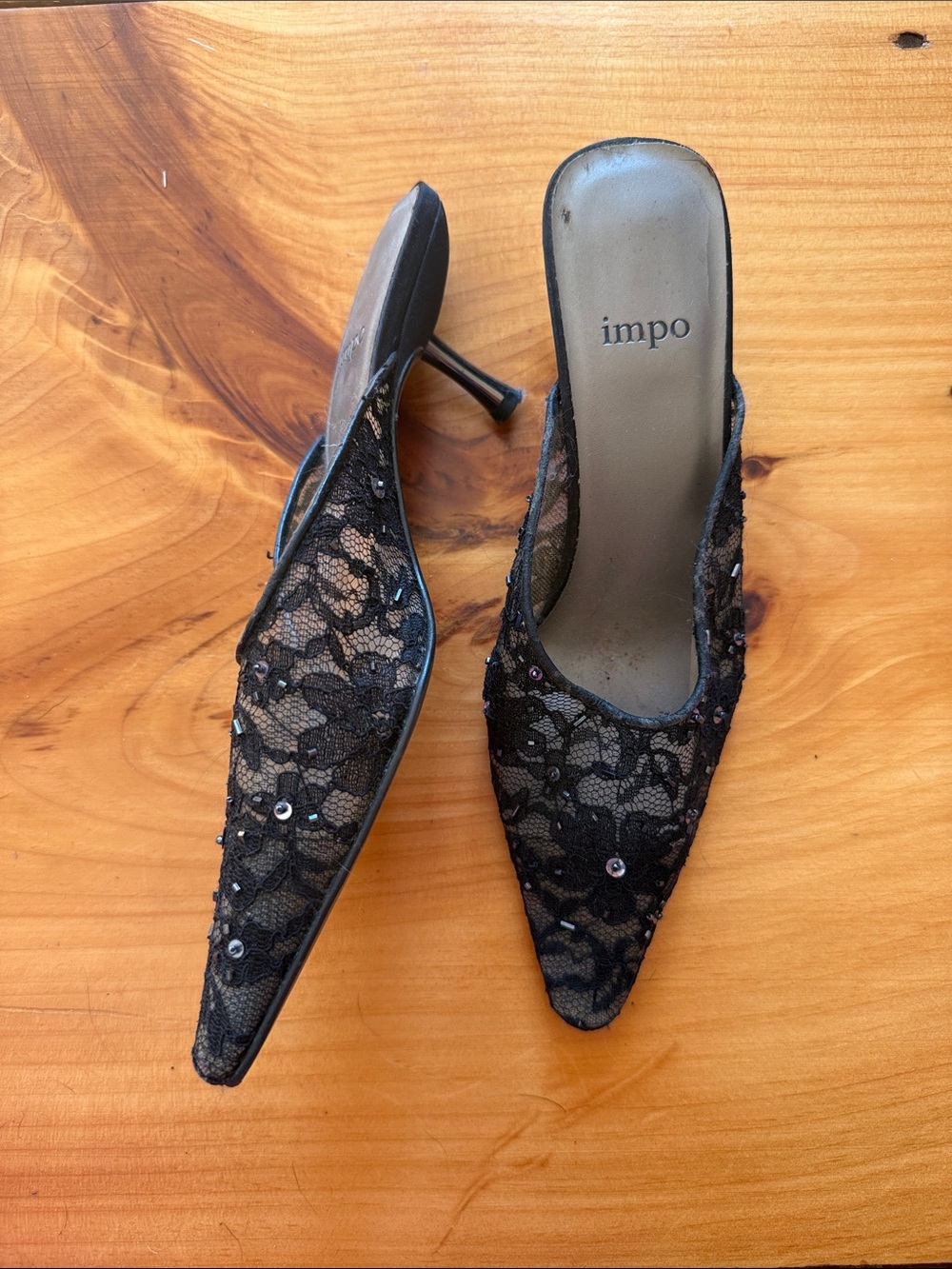 impo Black Lace Pointed Toe Embellished Mule Heels